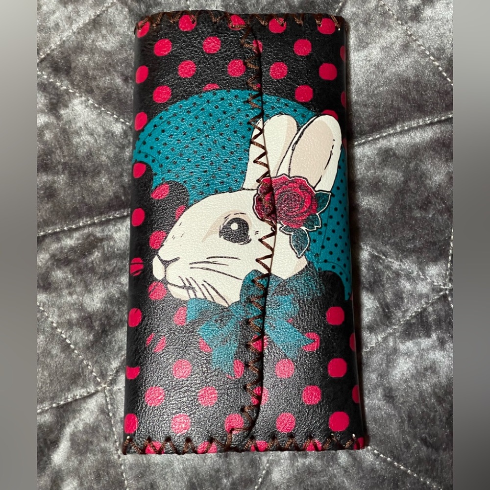 NWT Wallet with bunny rose polka dots hand stitched whipstitch
